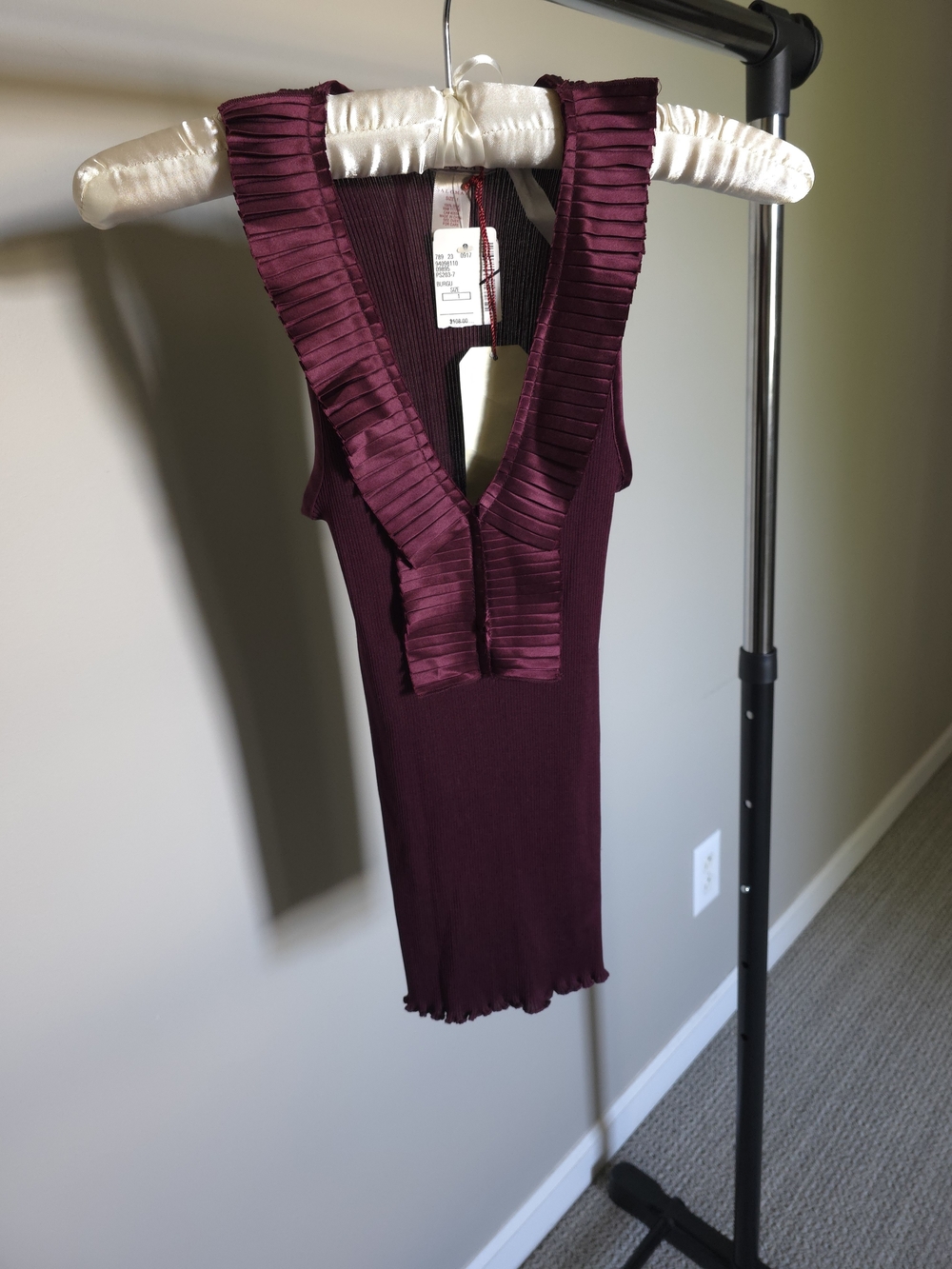 Salomay Silk Stretchy Burgundy Tank with Ruffle Trim - Picture 12 of 15